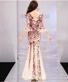 ロングドレス　キャバドレス　キャバワンピ　　煌めくスパンコール装飾にエレガントなメッシュレース重ねストレッチロングドレス