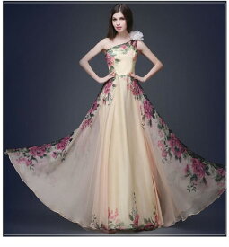 大きなサイズ（XLサイズ）ロングドレス キャバドレス ドレス 綺麗なフラワー柄ワンショルダーデザインシフォンレース重ねロングドレス　大きいサイズ　花柄デザインドレス　和柄ドレス