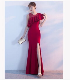 ロングドレス　キャバドレス　キャバワンピ　ゴージャスでエレガントな斜めフリルデザイン セクシースリットロングドレス　全2色（黒　赤）
