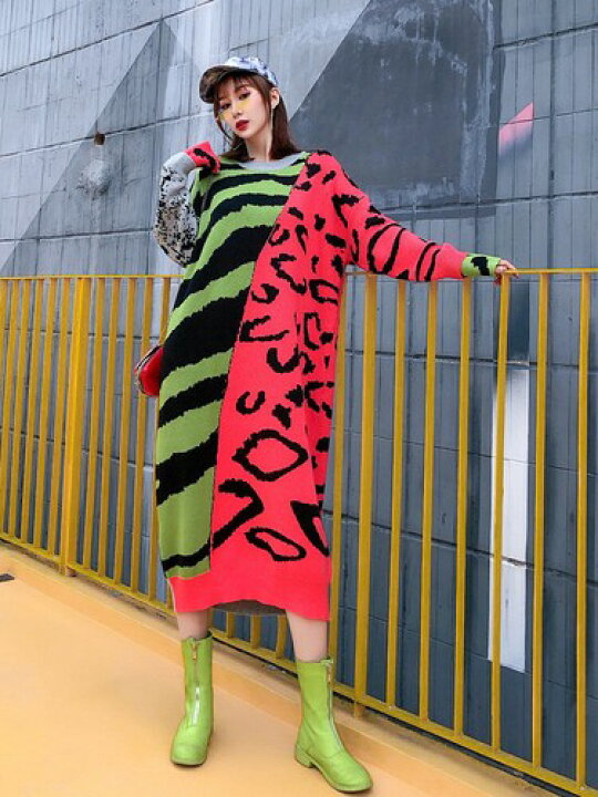 楽天市場 原宿系 ストリート系 個性派ファッション 目立ち度maxワンピース インパクト抜群のキュートなスイカ柄デザイン ニット生地ワンピース ゆったりデザイン 大きなサイズ 送料込 送料無料 Fallinangels