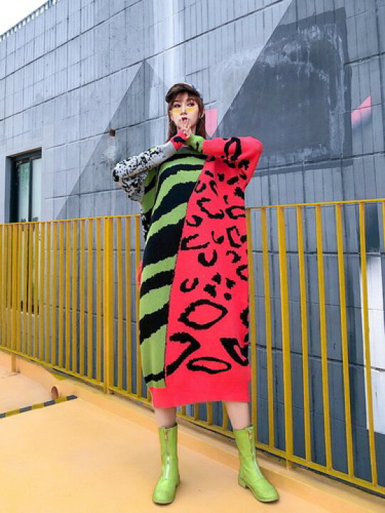 楽天市場 原宿系 ストリート系 個性派ファッション 目立ち度maxワンピース インパクト抜群のキュートなスイカ柄デザイン ニット生地ワンピース ゆったりデザイン 大きなサイズ 送料込 送料無料 Fallinangels