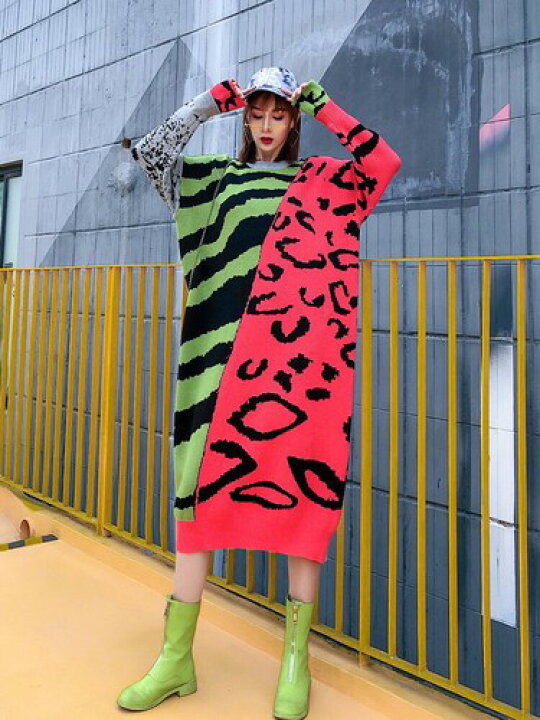 楽天市場 原宿系 ストリート系 個性派ファッション 目立ち度maxワンピース インパクト抜群のキュートなスイカ柄デザイン ニット生地ワンピース ゆったりデザイン 大きなサイズ 送料込 送料無料 Fallinangels