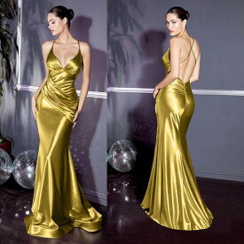 ロングドレス キャバドレス キャバワンピ　エレガントな金色サテン生地デザイン 欧米スタイルのロングドレス　パーティードレス　フォーマルドレス