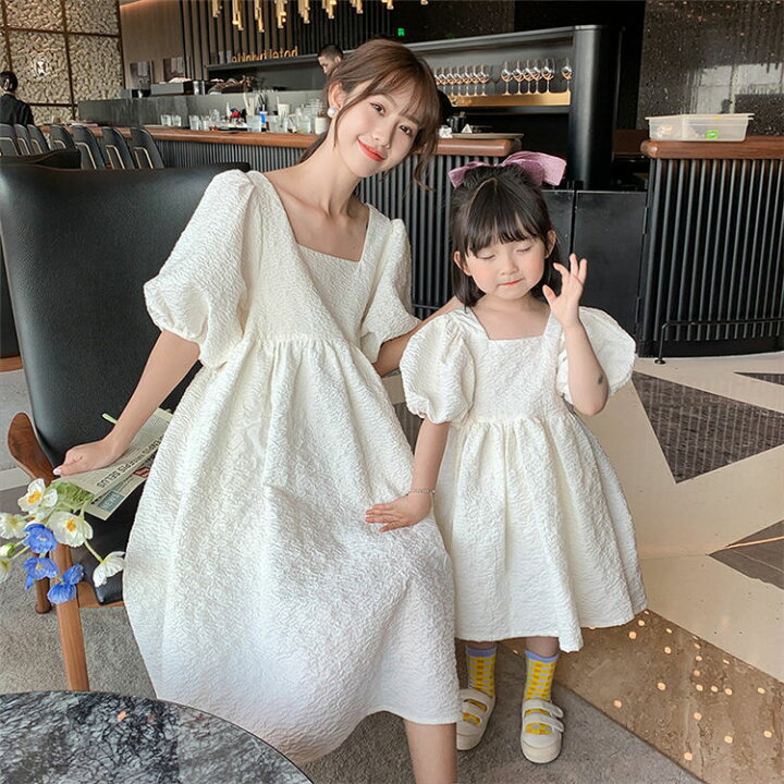 楽天市場 親子お揃い 半袖ワンピース 姉妹 バブル袖 姫系 親子服 リゾート デート ゆったり 姫系 夏用 透けにくい 韓国風 お出かけ ママ 子供服 インナーあり エレガント きれいめ おしゃれ 可愛い 10代代 キャンパス 通学 姫系 シンプル 母と娘 ファッション ギフト