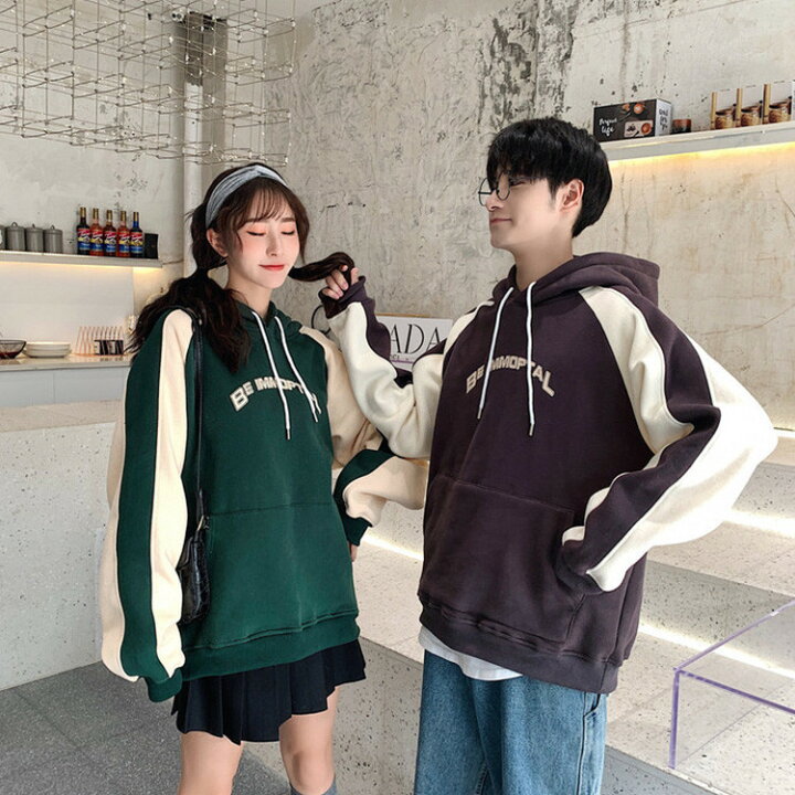 楽天市場 韓国ファション ペアルック カップルルック お揃い 可愛い フード付き トップス パーカー お洒落 長袖 秋冬用 厚いタイプ 学院風 お出かけ 記念日 写真撮影 プレゼント ユニセックス Famefact