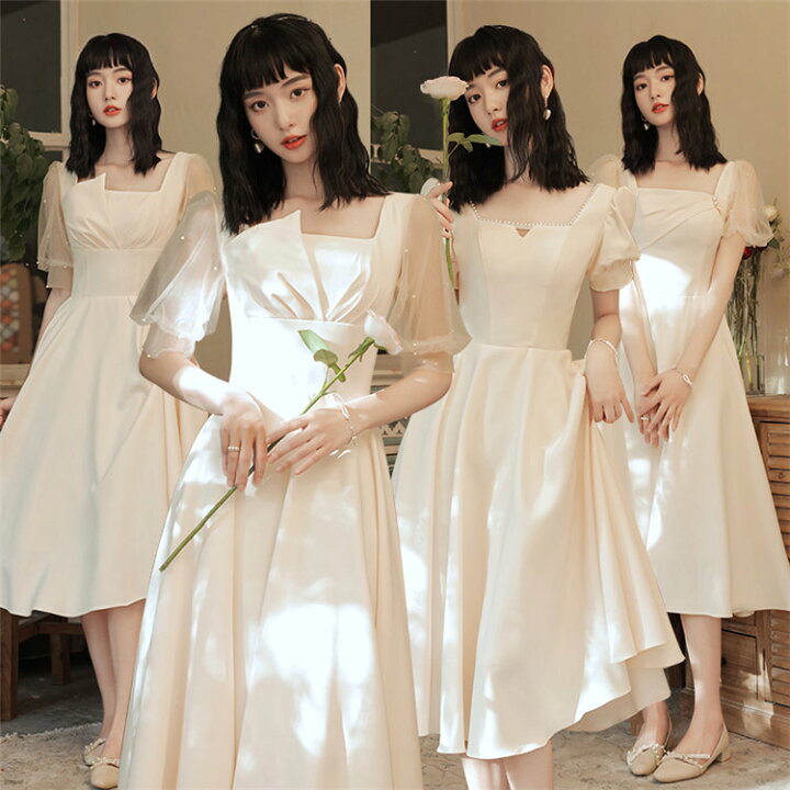 楽天市場 韓国 ドレス ミモレ丈 ウェディングドレス 白 エレガント 結婚式 二次会 ドレス 白ワンピース 花嫁 パブ袖 ピアノ 発表会 白ワンピース 忘年会 ウェディングドレス パーティードレス お呼ばれ 結婚式 花嫁ドレス 二次会 Famefact