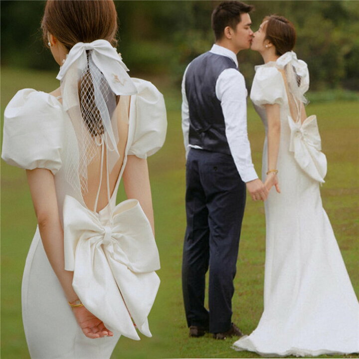 楽天市場 韓国 ウェディングドレス バックレス リボン 結婚式 二次会 ドレス パブ袖 マキシ丈 司会 ドレス ピアノ 発表会 パーティードレス フレンチ風 プリンセスライン 前撮り 後撮り 披露宴 発表会 海外挙式 大きいサイズ Xs Xl Famefact