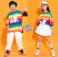 キッズダンス衣装 セットアップ 男の子 tシャツ+パンツ 2点セット 虹色 半袖 ヒップホップ 女の子 tシャ…