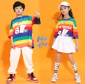 キッズダンス衣装 セットアップ 男の子 tシャツ+パンツ 2点セット 虹色 半袖 ヒップホップ 女の子 tシャツ+スカート チアガール 子供服 スポーツウェア 派手 ストリート 原宿系 レッスン ダンスウェア hiphop 110-180