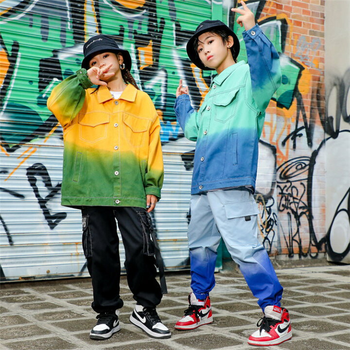 楽天市場 キッズダンス衣装 ヒップホップ デニムジャケット グラデーション K Pop セットアップ ダンス 衣装 原宿系 派手 かっこいい 男の子 女の子 ガールズ キッズダンス 演出服 舞台服 トップス パンツ 発表会 ダンス 演出会 応援団 Hiphop 110 1 130 140 150 160 170