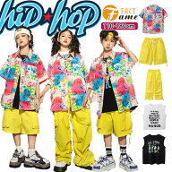 半袖 シャツ ダンス衣装 セットアップ キッズ 男の子 女の子 へそ出し タンクトップ 黒 白 ピンク イエロ…