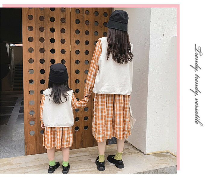 楽天市場 親子ペアルック ワンピース 2点セット セットアップ キッズ リンクコーデ 親子服 親子コーデ お揃い チェック柄ワンピース ベスト レディース 長袖 トップス ママと娘 おそろい 韓国 おしゃれ 親子ペア 家族 プレゼント 旅行 ビーチ 子供服 秋 冬 新作 Famefact