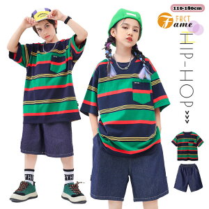 ボーダー柄 半袖 tシャツ キッズダンス衣装 セットアップ Tシャツ デニムパンツ 男の子 女の子 ストライブ 緑 子供服 ヒップホップ ストリート カジュアル ダンスウェア レディース メンズ DA