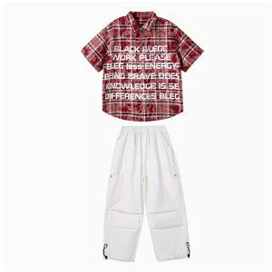 キッズ ダンス衣装 セットアップ レッド チェック柄 半袖 シャツ ホワイト ショーツパンツ ロングパンツ ヒップホップ チアガール 子供服 舞台衣装 HIPHOP JAZZ 男の子 女の子 ガールズ カジュ