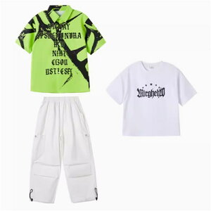 キッズ ダンス衣装 セットアップ グリーン 半袖 シャツ ショーツパンツ ロングパンツ 白Tシャツ ヒップホップ チアガール 子供服 舞台衣装 HIPHOP JAZZ ステージ衣装 男の子 女の子 ガールズ ジ