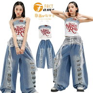 キッズ ダンス 衣装 y2k 地雷系 原宿系 ヒップホップ ワイドデニムパンツ キャミソール レースデザイン …