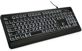 大きめの文字のバックライト付きキーボード、静かなUSB有線コンピューターキーボード、光るホワイトLED付きフルサイズキーボード Windowsデスクトップ、ノートパソコン、PC、ゲームに対応