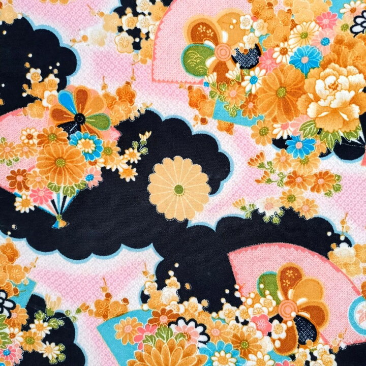 楽天市場】ちりめん 生地 一越 友禅 花柄 扇に菊（黒）HY03-C 10cm 髪 