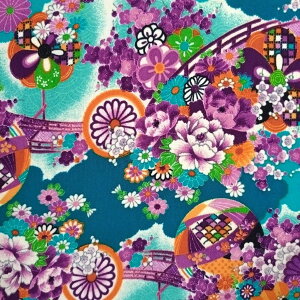 ちりめん 生地 一越 友禅 手鞠と芍薬 青 HY04-E 10cm 髪飾りやつまみ細工に レーヨン 縮緬 はぎれ 和布