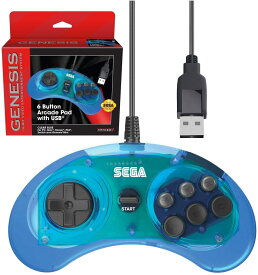 Retro-Bit 公式セガジェネシス USBコントローラー 6ボタン アーケードパッド Sega Genesis Mini、PS3、PC、Mac、スチーム、スイッチ用 - USBポート - (クリアブルー)