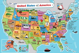 Pro Image Lines キッズ米国地図 | ウォールポスター 13×19インチ アメリカ地図プレミアム紙 | 50アメリカ スローガンと画像付き - ラミネート加工