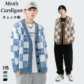 ニット カーディガン チェック柄 Vネック ニットジャケット メンズカーディガン ボタン付き 前開き アウター ニット生地 ショートコート カジュアル ゆったり風 カーデ cardigan 長袖 トップス ファッション 春服 秋物 冬品