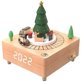 デジタル目覚まし時計 木製 置き時計 オルゴール時計 めざまし時計 クリスマスソング 電車は線路に合わせて自動回転