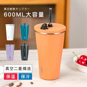 タンブラー 水筒 ストロー付き 600ml 蓋付き 大容量 真空断熱 保温 保冷 持ち運び マグボトル 直飲み 二重構造 ステンレス コーヒーカップ 車載せでき おしゃれ