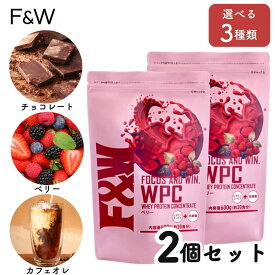 F&W(エフアンドダブリュー) ホエイプロテインWPC チョコレート風味 カフェオレ風味 ベリー風味 600g2個セット たんぱく質含有74% 国内製造 計量スプーン付
