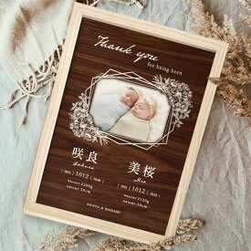 【月間優良ショップ受賞】【双子 兄弟姉妹 二人用】出産記念品 命名書 出産祝い 誕生記念 写真 出産内祝い フォトフレーム 好きな写真を自分でセット 命名刻印ボード お名前 ・生年月日・出生時間・体重を刻印 メモリアルグッズ／命名ボード「ラインブーケTwins」