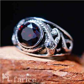 スネーク リング ブリリアントカット レッドガーネットカラー(赤) キュービックジルコニア装飾 サイドスネーク(2匹のヘビ) ブラック燻し調 メンズ ステンレスリング 指輪