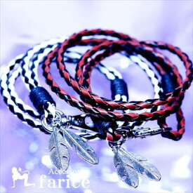 ホワイト&ブラックorブラウン&ブラック・バイカラー アーガイル柄(菱形格子模様)編み込み2連デザイン 2イーグルフェザー(鷲の羽)チャーム付き メンズ レザー ブレスレット【白&黒or茶&黒】