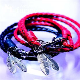 レッドorブラックカラー アーガイル柄(菱形格子模様)編み込み2連デザイン 2イーグルフェザー(鷲の羽)チャーム付き メンズ レザー ブレスレット【赤or黒】