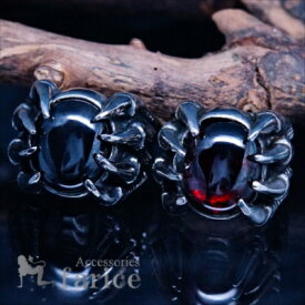 オーバルグラス装飾 デビルズクロー・悪魔の爪石留め立体型 メンズ ステンレス リング【ブラックorレッド】