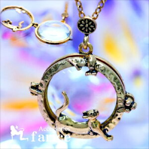 猫 キャット 花 フラワー イエローゴールド ガラス ルーペ 拡大鏡 レディース ペンダント ネックレス