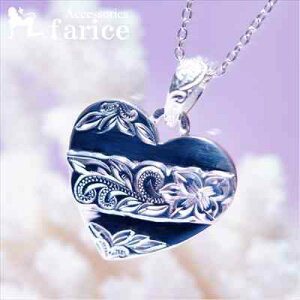 プルメリア(花)&スクロール(波)レリーフデザイン ハート型プレート ハワイアンジュエリーペンダント ネックレス