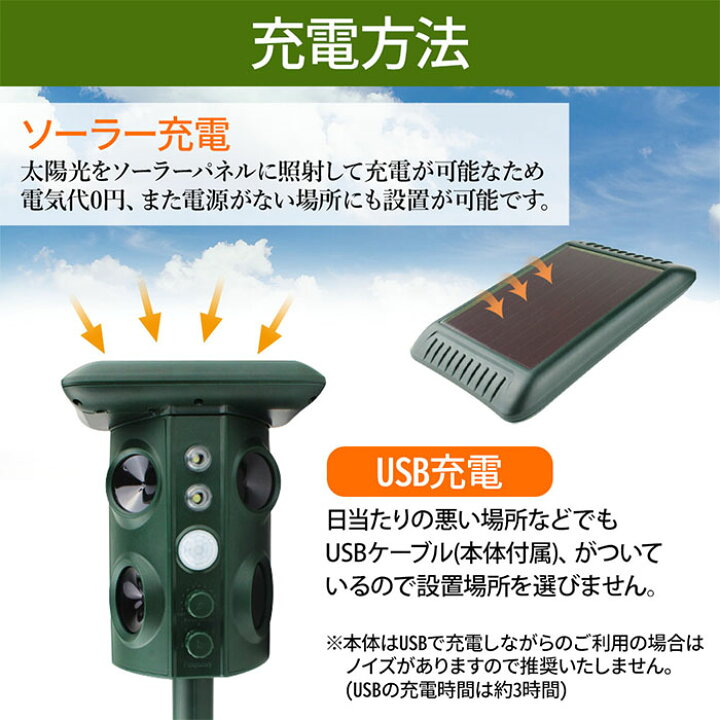 楽天市場 最大1000円offクーポン有 7 25限定 動物撃退器 害獣撃退 動物撃退 超音波 光 フラッシュ 点滅 振動 Usb充電 超音波 調節 可能 猫よけ 犬よけ 鳥獣対策 防水 Ip44 ソーラー充電 Usb充電 太陽光充電 設置 簡単 大型犬 キツネ 小型犬 鳥 ネズミ ヘビ 動物