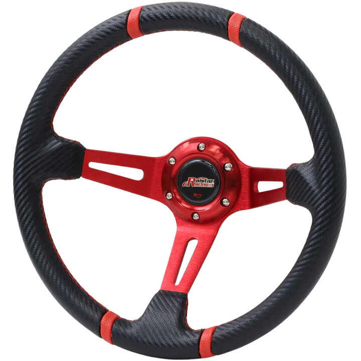 楽天市場 最大1000円offクーポン有 11 1限定 35cm ステアリング ディープコーン型 ハンドル ステアリングハンドル スポーツステアリング ドリフト ホーンボタン 配線付き スポーク レッド 赤 調整 操作 装着 車種 車 3本スポーク 刺繍付き レザータイプ