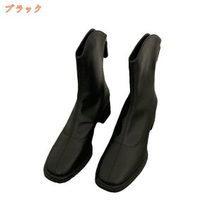 ブーティ ショートブーツ レディース 太ヒール レザー 合皮 ヒール アンクルブーツ エレガント スクエアトゥ おしゃれ 5cm ブラック 大きいサイズ バックファスナー 婦人 fascimo