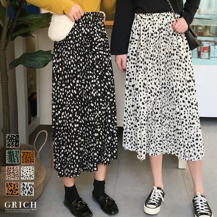 楽天市場 Sale クーポン利用で1844円 M便送料無料 ダルメシアン柄 スカート ロング プリーツスカート 大人 可愛い トレンド カジュアル ウエストゴム 楽ちん レオパード ヒョウ柄 ドット 秋 冬 春 夏 代 30代 40代 50代 低身長 レディース アニマル柄プリーツ
