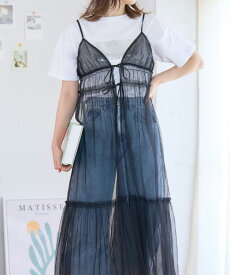 【SALE】 前後2way チュールキャミワンピース レディース フロントリボン チュール キャミ ワンピース ロング シアー 透け感 フリル レイヤード 重ね着 ギャザー 大人可愛い カジュアル おしゃれ 春 夏 秋 冬 服 G-RICH [231112]メ