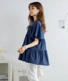 [3366円 クーポン利用で] シャツ ティアード チュニック フレア袖 Tシャツ トップス レディース 半袖 二の腕カバー 五分袖 春 夏 体型カバー 着痩せ 大人可愛い フレアースリーブ ギャザー 無地 aライン ペプラム ゆったり マタニティ お尻が隠れる 240401
