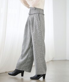 パンツ レディース ロング 秋 冬 ツィード 切替 フリンジ タック ワイドパンツ ウエストゴム ゆったり 大人 きれいめ オフィス カジュアル ボトムス 気映え おしゃれ こなれ感 セットアップ 春 [250508]