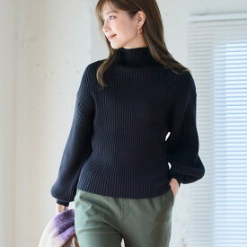 ぽわん袖 ニット【2990円クーポン利用で】リブニット レディース ボリューム袖 長袖 五分袖 大人可愛い バルーンスリーブ オフネック ボリュームスリーブ 二の腕カバー 体型カバー トップス バルーン袖 袖ポワン 袖ぽわん M L 洗えるニット 201041