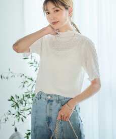 二の腕カバー【SALE】 トップス レディース 半袖 シアー くしゅくしゅ カットソー ポコポコ ポップコーン ジャガード 透け きれいめ メロウ シワになりにくい ボトルネック ゆったり 着痩せ 黒 白 G-RICH [221110]メ