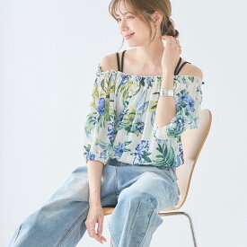 【1690円クーポン利用で】 リゾート柄 オフショルダー トップス 半袖 夏 パフスリーブボタニカルフラワー オフショル ショート丈 花柄 リゾート レディース 楊柳 涼しい クロップド丈 春 大人 可愛い 二の腕カバー 五分袖 ボリューム袖 海 フェス [170542]