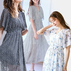 【SALE】 ワンピース 夏 レディースフレア袖 シフォンワンピース きれいめ 半袖 リゾートワンピース 体型カバー 二の腕カバー カシュクール vネック ロング 低身長 花柄 大人 可愛い 華奢見え 着痩せ 授乳 マタニティー 春 190346