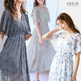 [SALE 3960円→3366円] リゾートワンピース シフォン リゾート ワンピース レディース 夏 秋 ロング 半袖 長袖 カシュクール 柄ワンピース 二の腕カバー vネック 大人 きれいめ おしゃれ 体型カバー 着痩せ 花柄 ダルメシアン柄 ドット 水玉 190346 涼しい