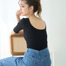 バックオープン トップス【3366円クーポン利用で】 リブ カットソー レディース 半袖 背中開き tシャツ おしゃれ 春 夏 二の腕カバー 華奢見せ 着痩せ Tシャツ 背中あき きれいめ 五分袖 細見え ボートネック プルオーバー 大人 カジュアル 上品 200316