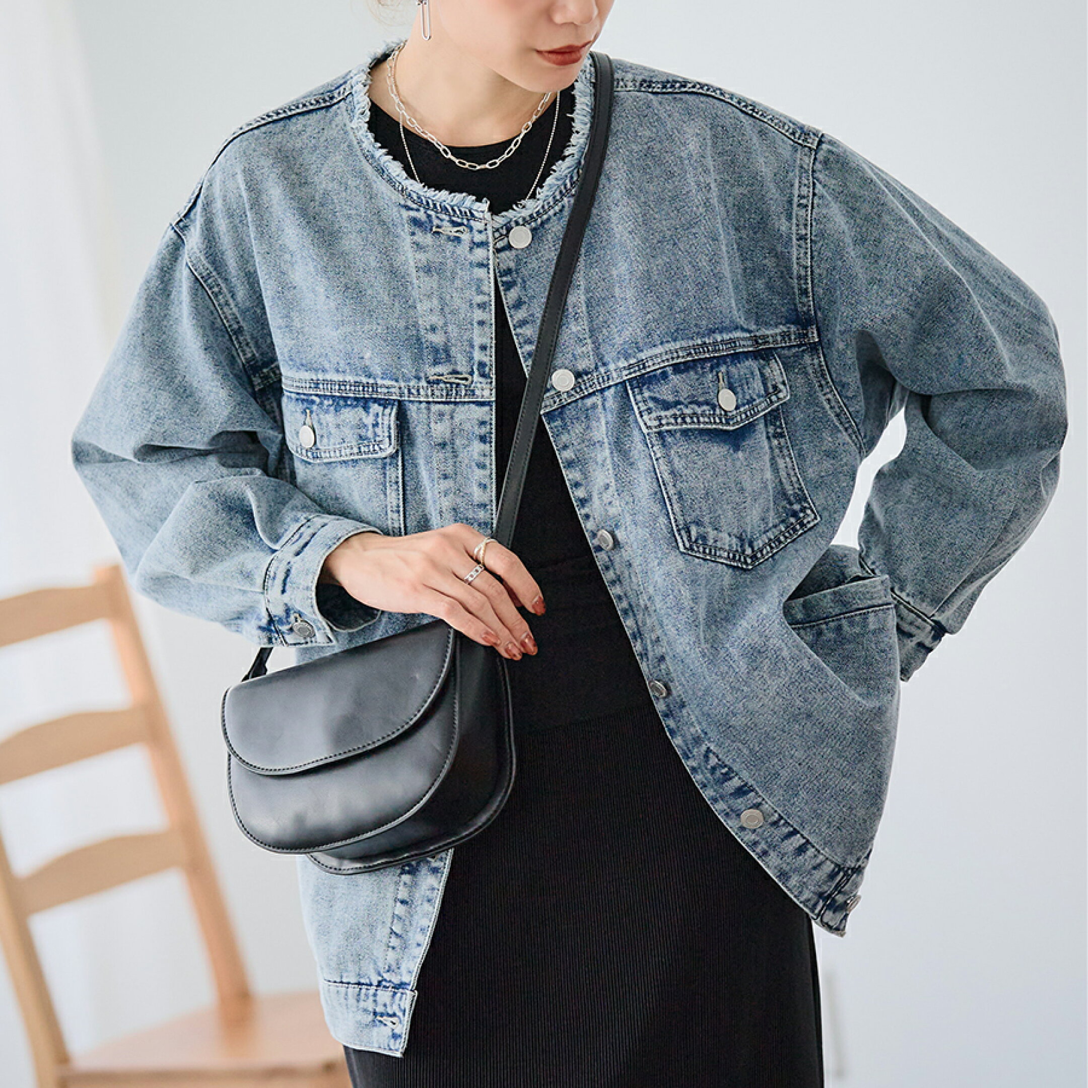 大人のノーカラーフリンジデニムジャケット